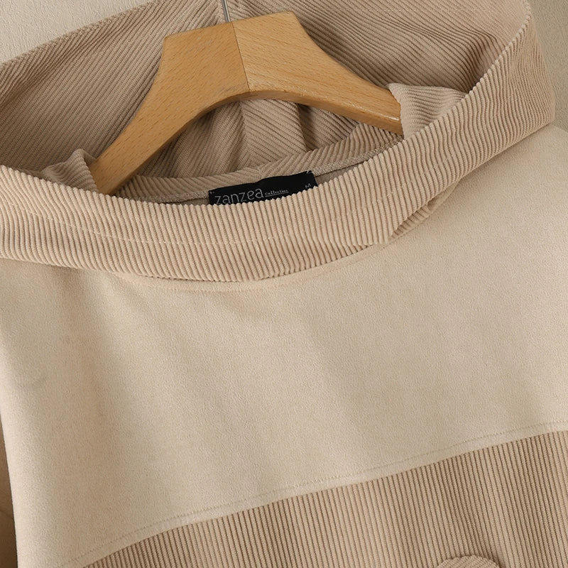 Women Patchwork Corduroy Hoodies Loose Casual Irregular Pocket Hooded Sweatshirts 2024 Fall Colour Block Long Sleeve Tops