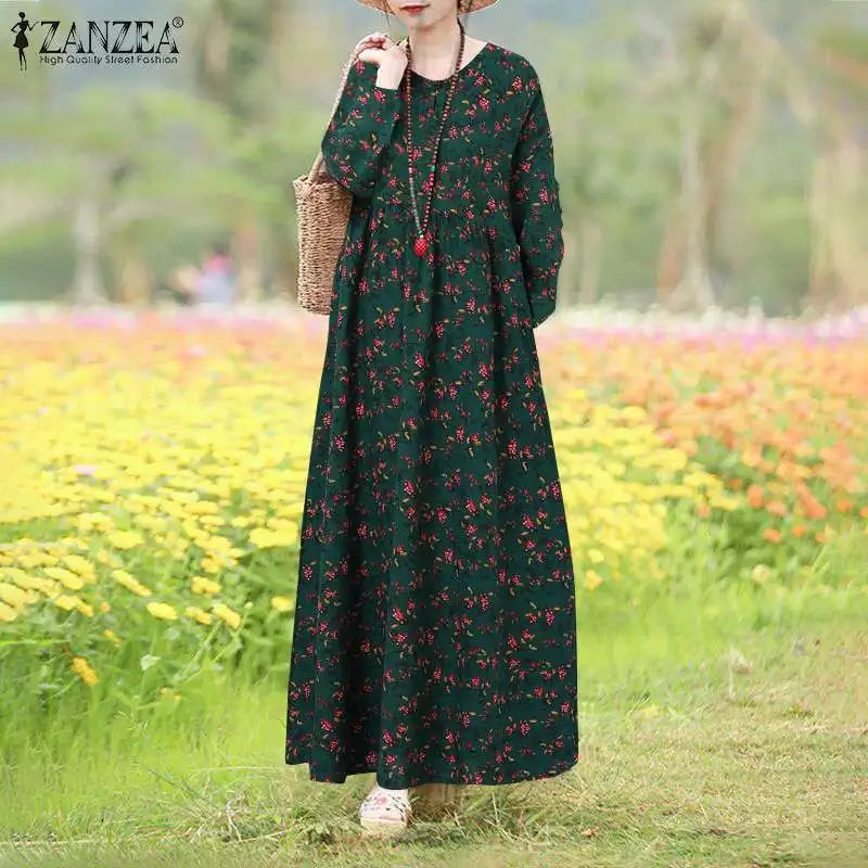 Floral Print Long Sleeve Maxi Dress Women Casual Loose Elegant Vintage Long Robes Holiday O neck High Waist Vestidos