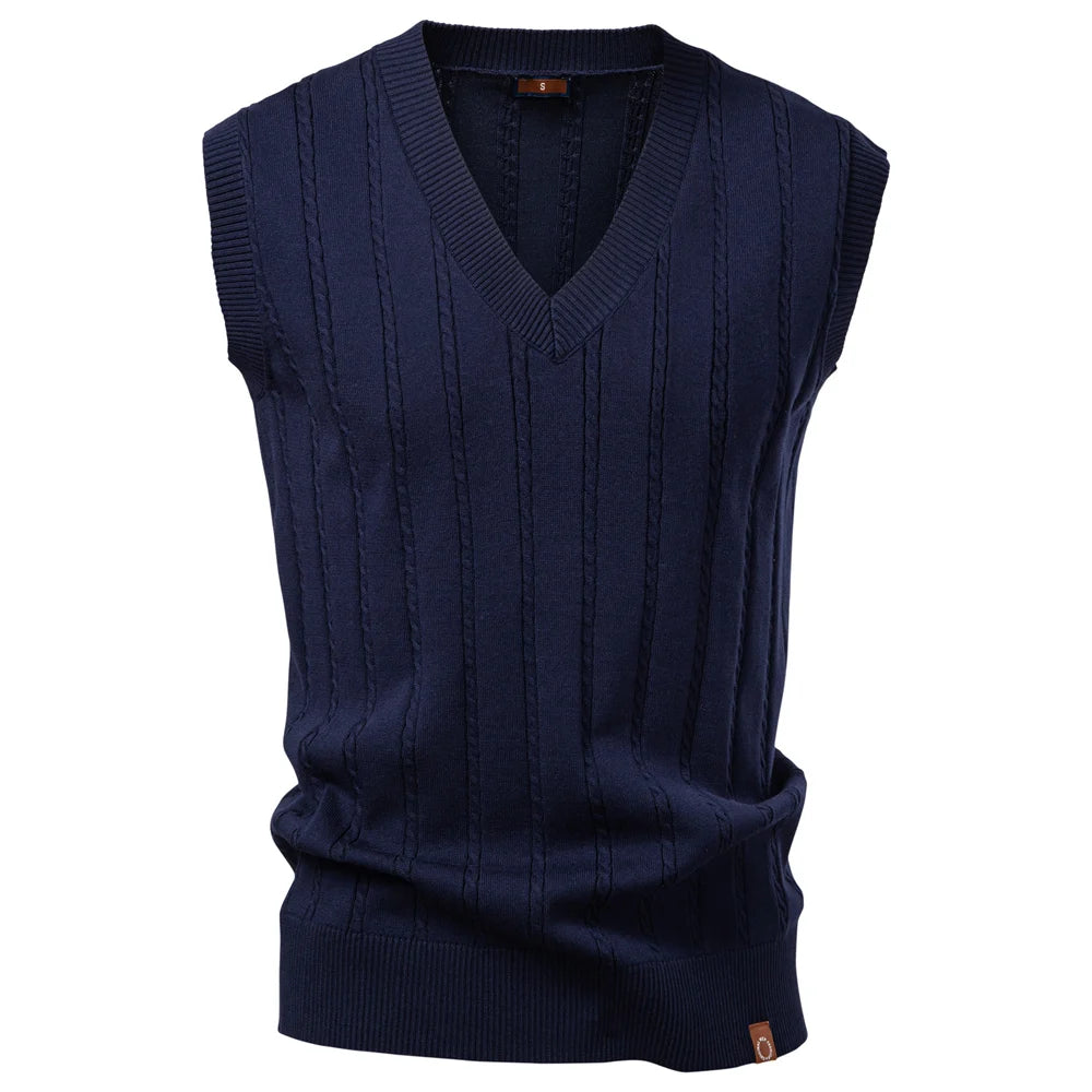 Men's Solid Colour V-Neck Knitted Vest Sleeveless Casual Warm Versatile Sweater Male Vest‌