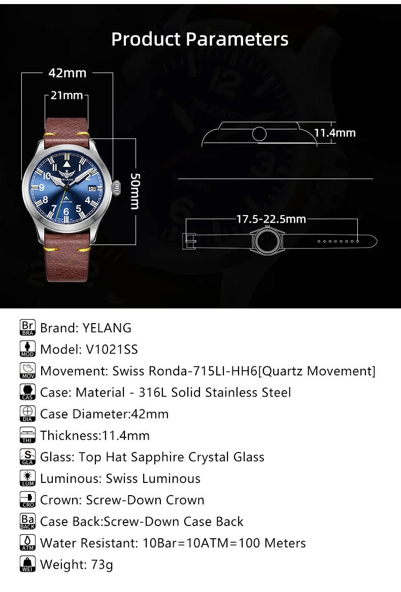 Yelang V1021 Men Quartz Watch 42mm Swiss Ronda Movement Luminous T100 100m Waterproof Men's Diving Watch 316L Stainless Sapphire