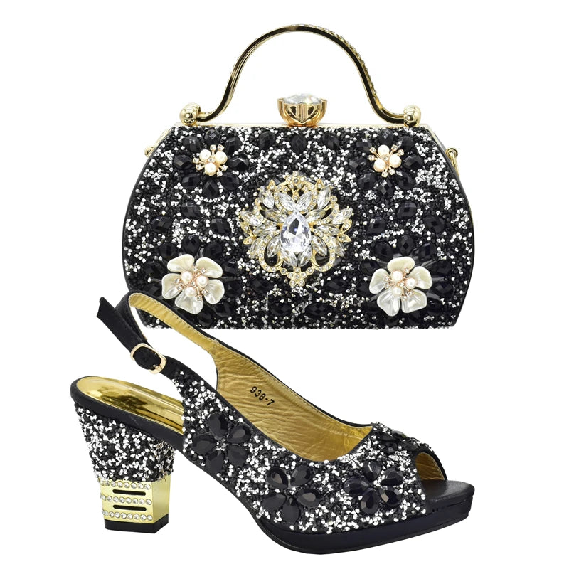 Italian Women Wedding Shoes and Bag Set Decorated with Rhinestone Africa Shoe and Bag Set Plus Size Heels 43 Wedding Shoes Bride