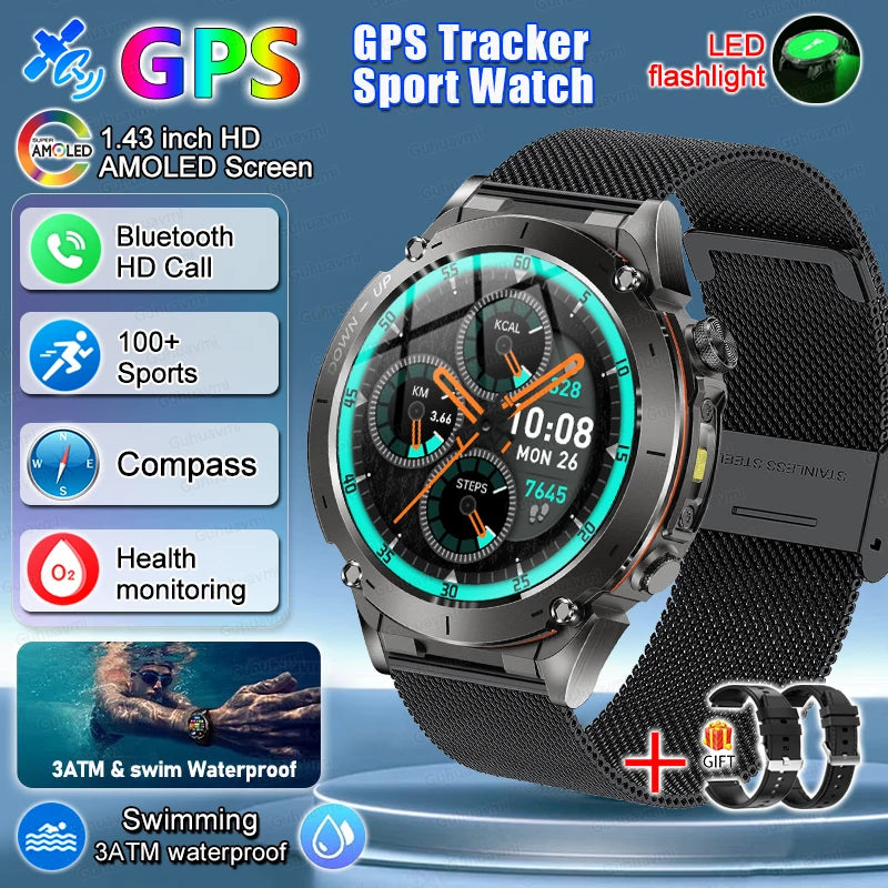 2025 New Rugged Military GPS Smart Watch Built-In GPS Tracker Compass Sports Fitness Tracking Smartwatch - Compatible with HUAWEI & Xiaomi IOS