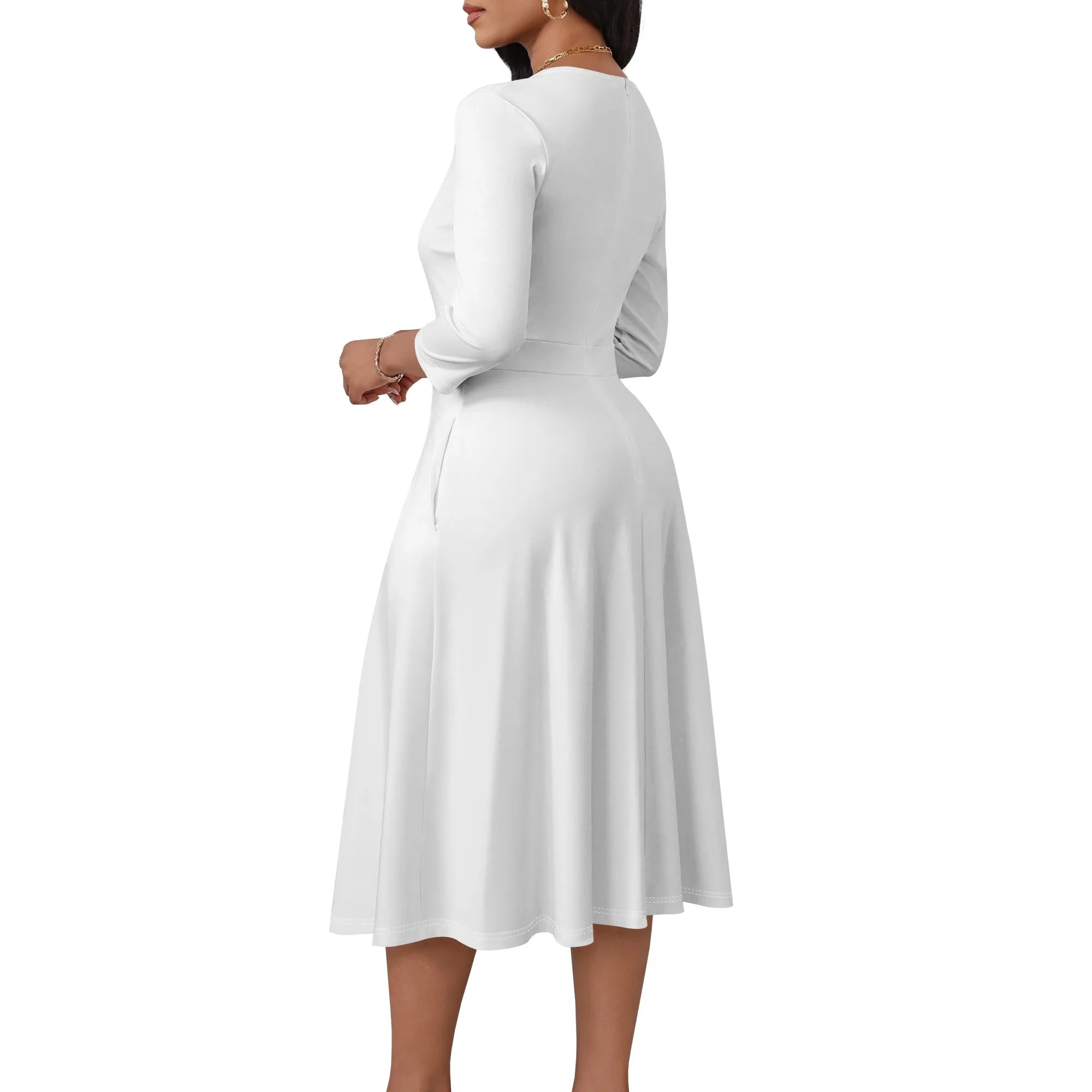 Ladies' casual flared midi dress, wedding guest cocktail tea party dress, A-line swing V-neck, three-quarter sleeves.