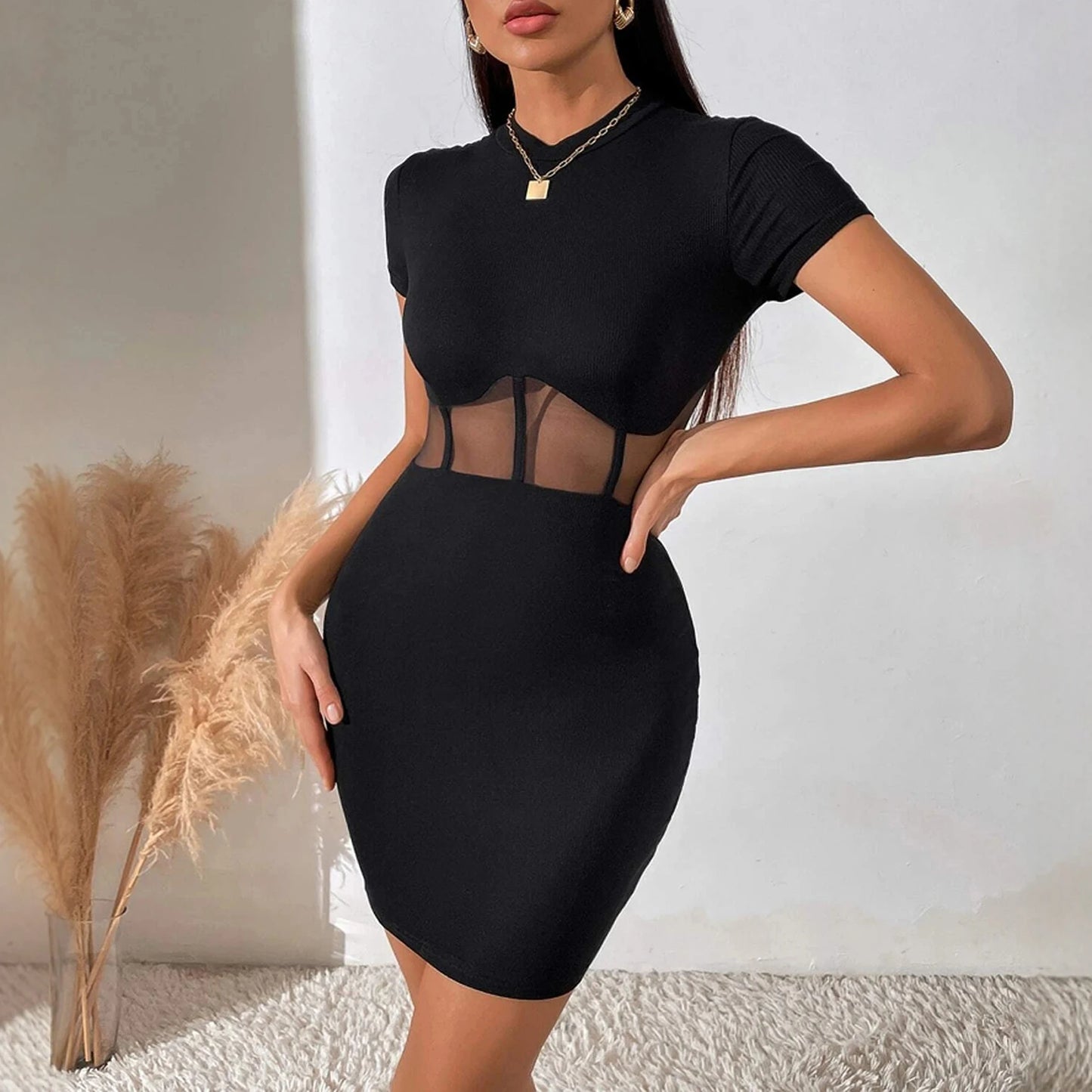 Dresses Summer Fashion Sexy Gauze Short Sleeve Crew Neck Mini Party Wrap Dresses For Women