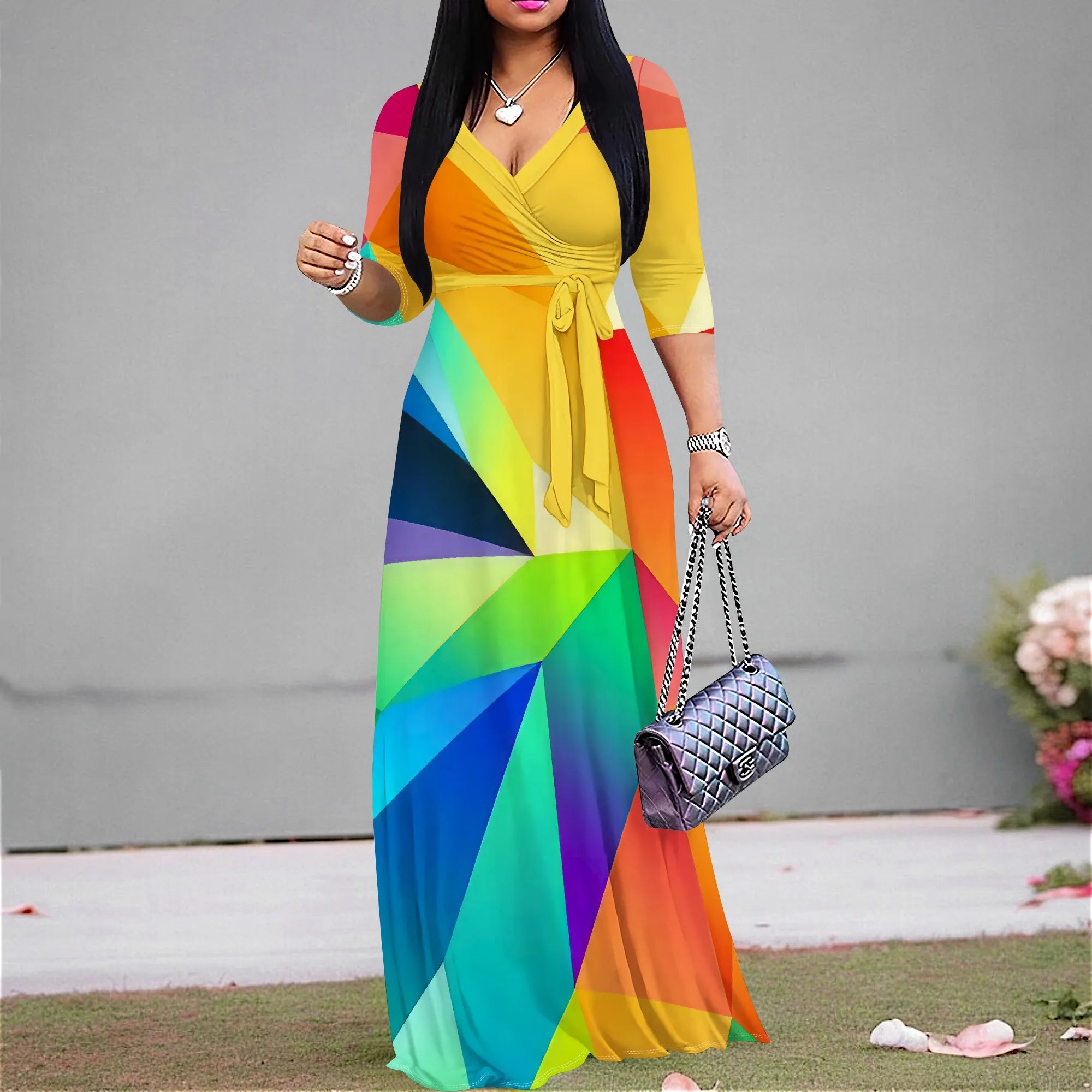 Women's Floral Print Maxi Party Dresses Summer 2025 with Pockets Casual 3 4 Sleeve V-Neck Wrap Tie Waist Long Dress