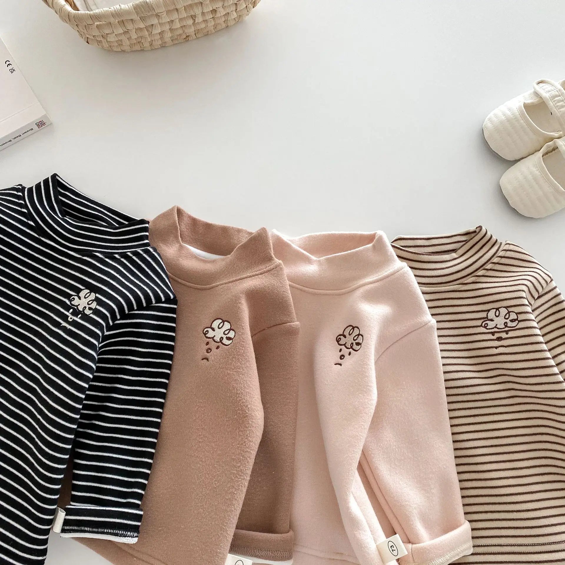 Herfst Kinder Basis Shirt Jongens Halve Turtleneck Warme Onderkant Tops Meisjes Bontvoering Geborduurde Gestreepte Blouse 0-5 Jaar Unisex