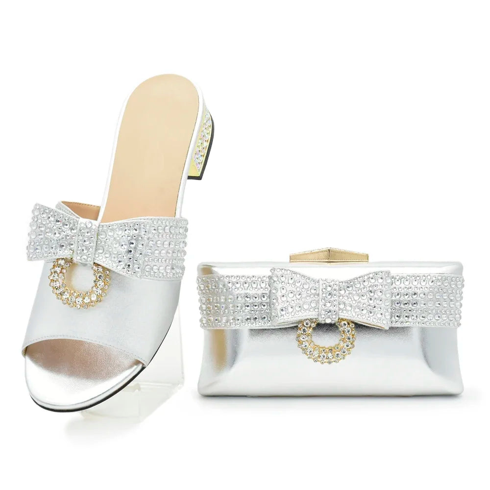 Italian Ladies Shoes and Bags To Match Set Decorated with Rhinestone Sling Backs Low (1cm-3cm) Luxury Shoes Women Designers