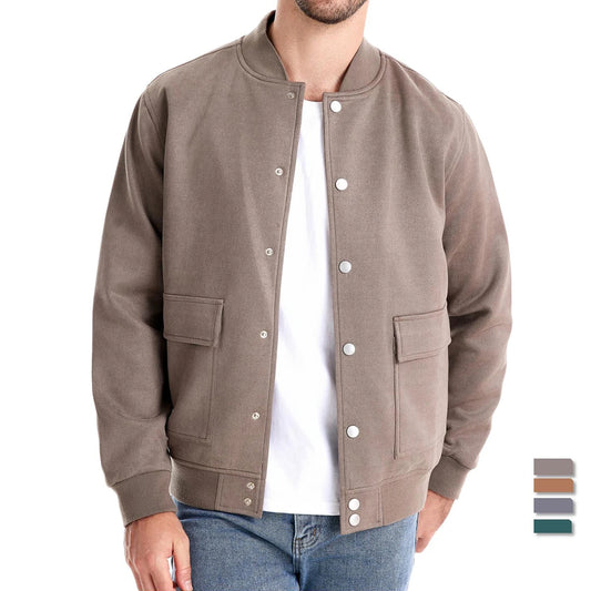 Men's Suede Button Up Bomber Jackets Crew Neck Button-Up Baseball Casual Business Outwear Jacket For Men