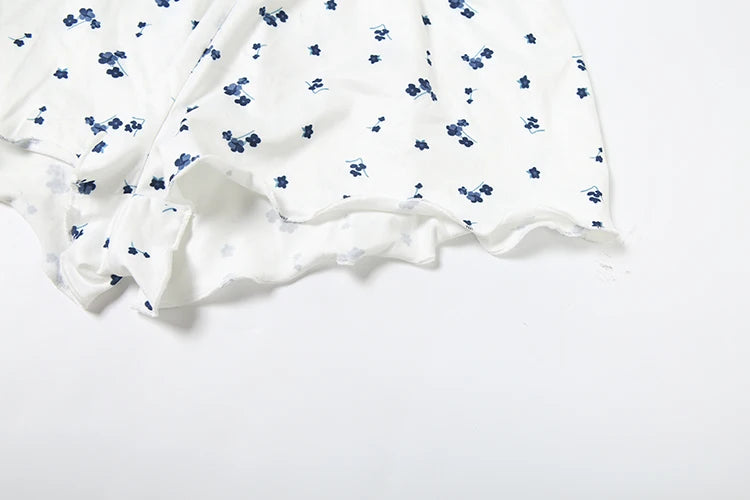 Floral Print 2 Piece Set Women o-Neck Short Sleeve T-Shirts+Folds Skinny Shorts Matching Casual Simple Ruffles Suits