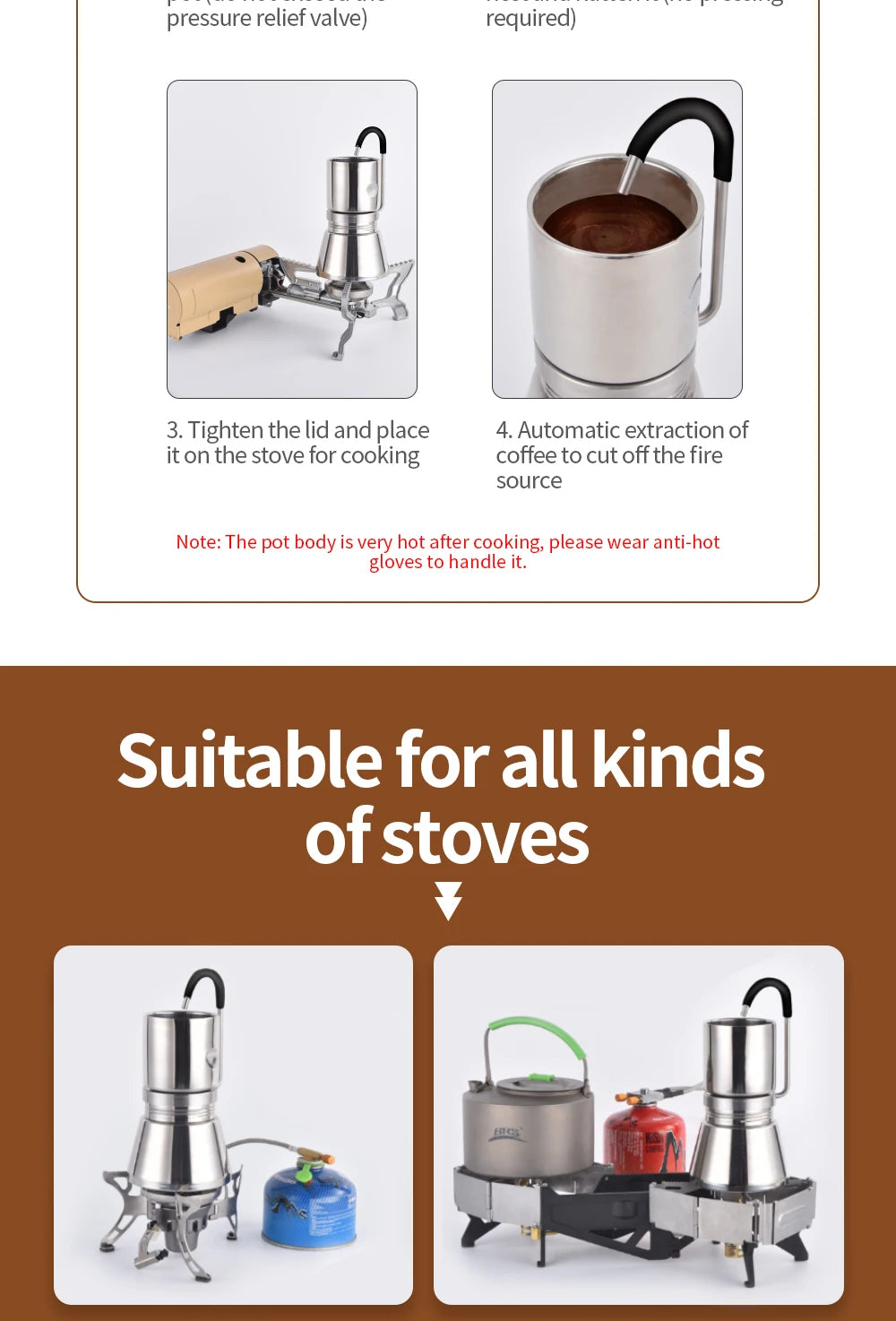 Camping Stovetop Coffee Distiller Maker Stainless Steel Moka Pot Outdoor Brewed Coffee Grinder for Office Home Camping