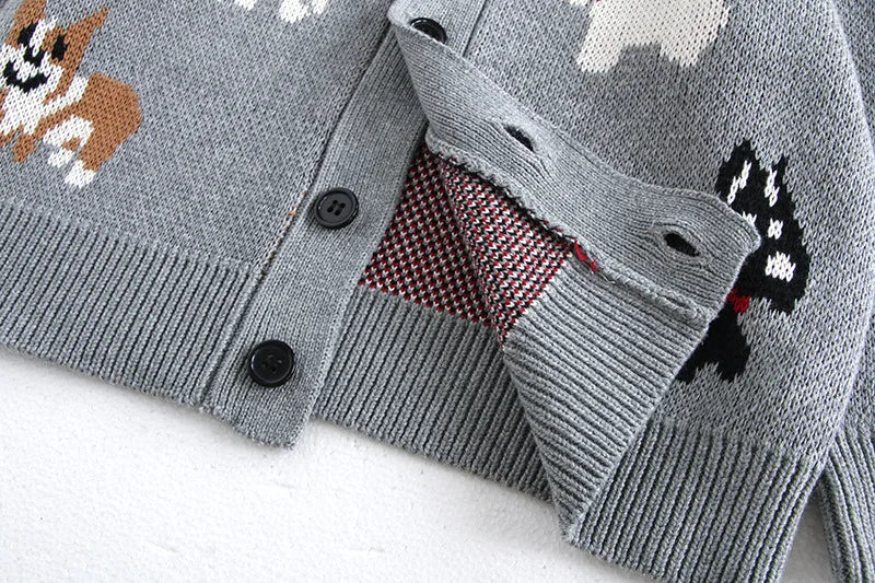 Spring Children's Sweater Jacket Jacquard Cute Dog Boys Single Breasted Buckle Cardigan Top Girls Knitted Sweater 1-8Y Unisex