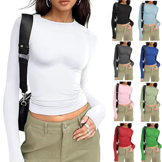 Fashion Senior Women's Long Sleeve Crew Neck Solid Slim Fit T-shirt Crop Top Ladies Daily Streetwear Casual Tee
