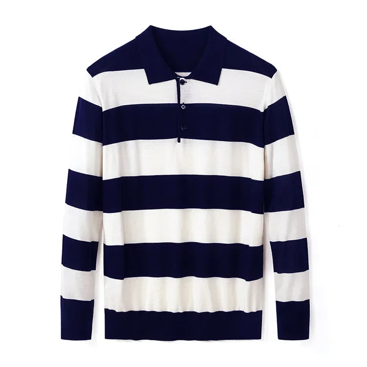 Men's Autumn & Winter 48-Count Worsted Basolan Wool Striped American T-Shirt with Polo Collar – Machine Washable & Loose-Knit