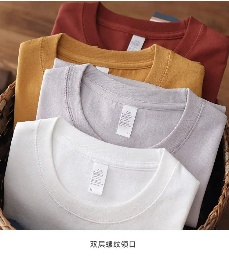 2025 Zomer Nieuwe Amerikaanse Retro 245G Korte Mouw O-hals Effen Kleur T-shirt Herenmode Eenvoudige 100% Katoen Gewassen Casual Tops