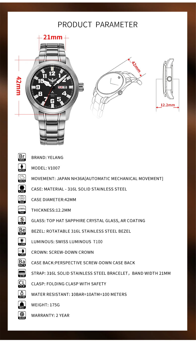 Yelang V1007 42MM Men Watch NH36 Luminous T100 Brand 100M Waterproof Mechanical Automatic Watch Sapphire Lens Reloj Business