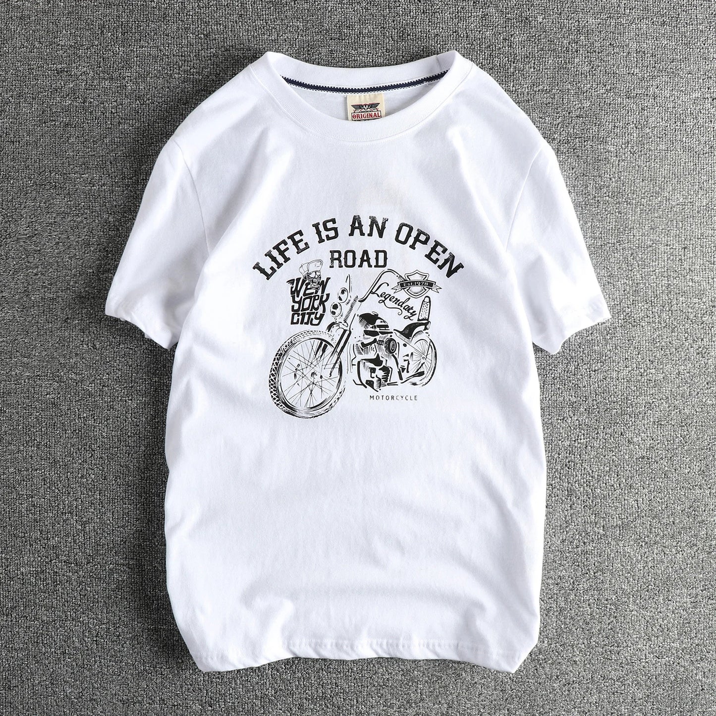 2025 Zomer Amerikaans Retro Korte Mouw O-hals Skelet Motorfiets Bedrukt T-shirt Herenmode 100% Katoen Gewassen Casual Tops