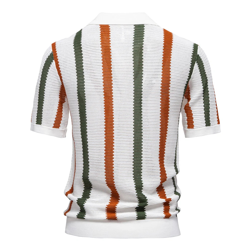 Men's Ribbed Knit And Breathable Striped Casual Polo Shirt With Comfortable Collar - High Quality Male Polo Shirt