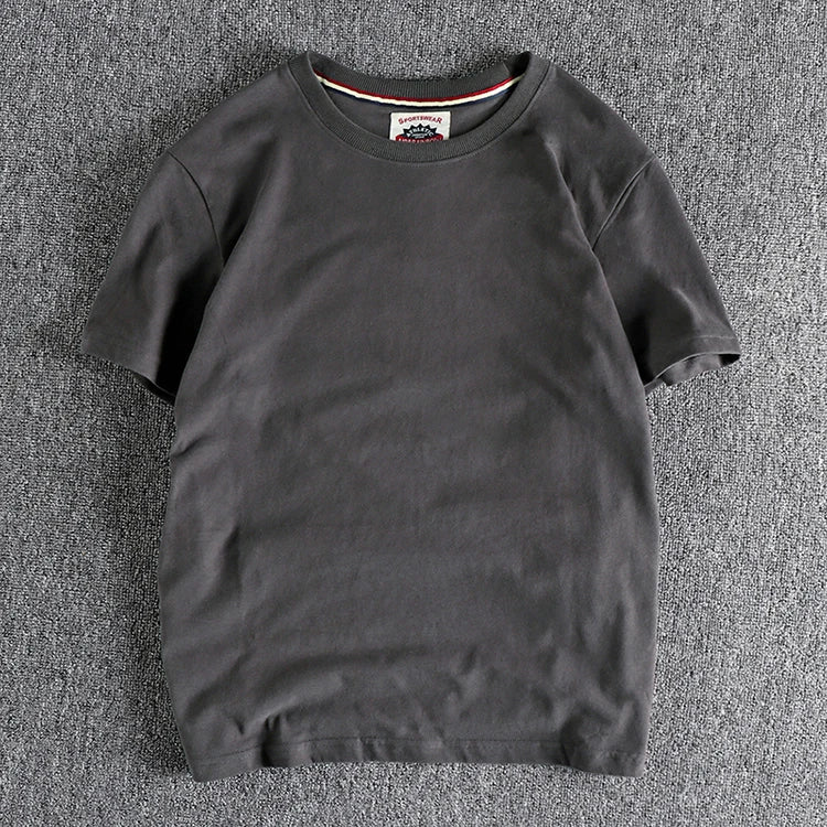 Summer New American Retro Short-sleeved O-neck Solid Color T-shirt Men's Fashion Simple 100% Cotton Washed Casual Sport Tops