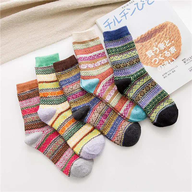 5 Pairs Winter New Warm Thicken National Wind Women's Wool Medium Tube Female Socks