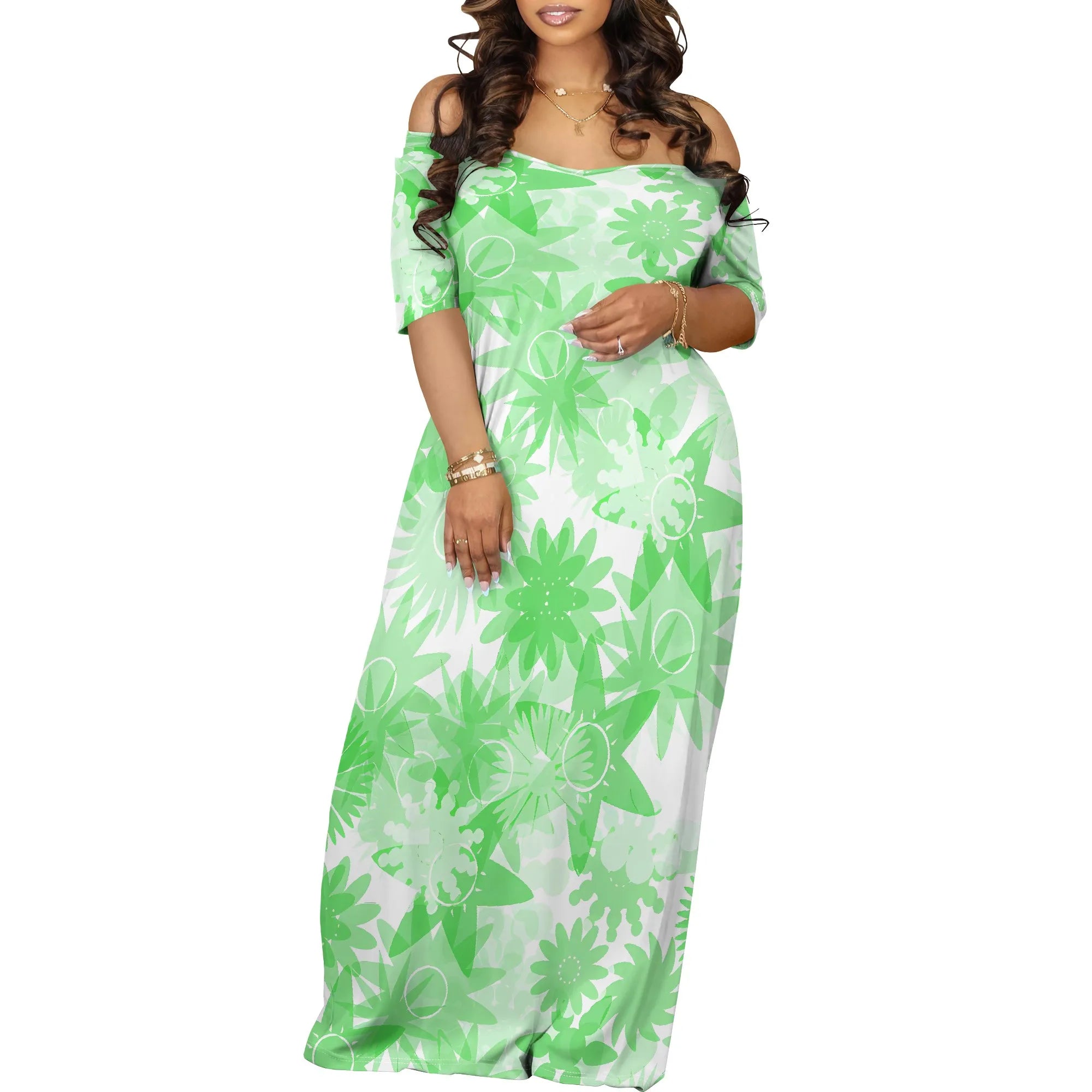 Summer Off Shoulder Maxi Dress Pink White Daisy Print Casual Beachwear