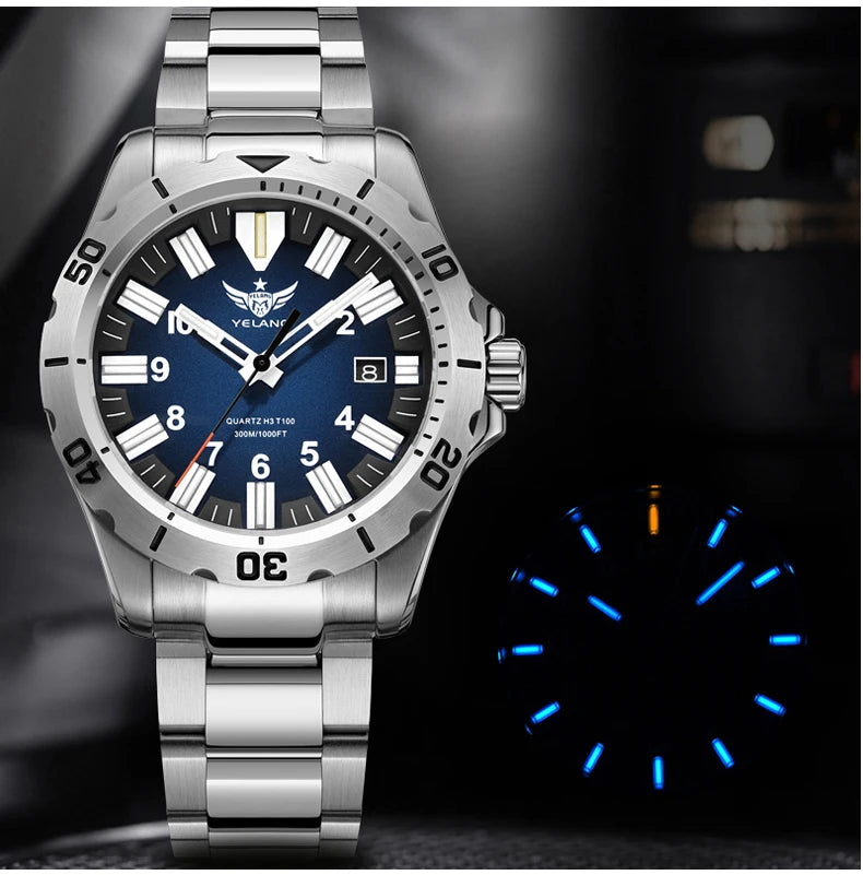 YELANG V1036 42mm Men's Quartz Watch Luminous Display Japan Movement 30ATM Waterproof Stainless Steel Band with Luminous Hands