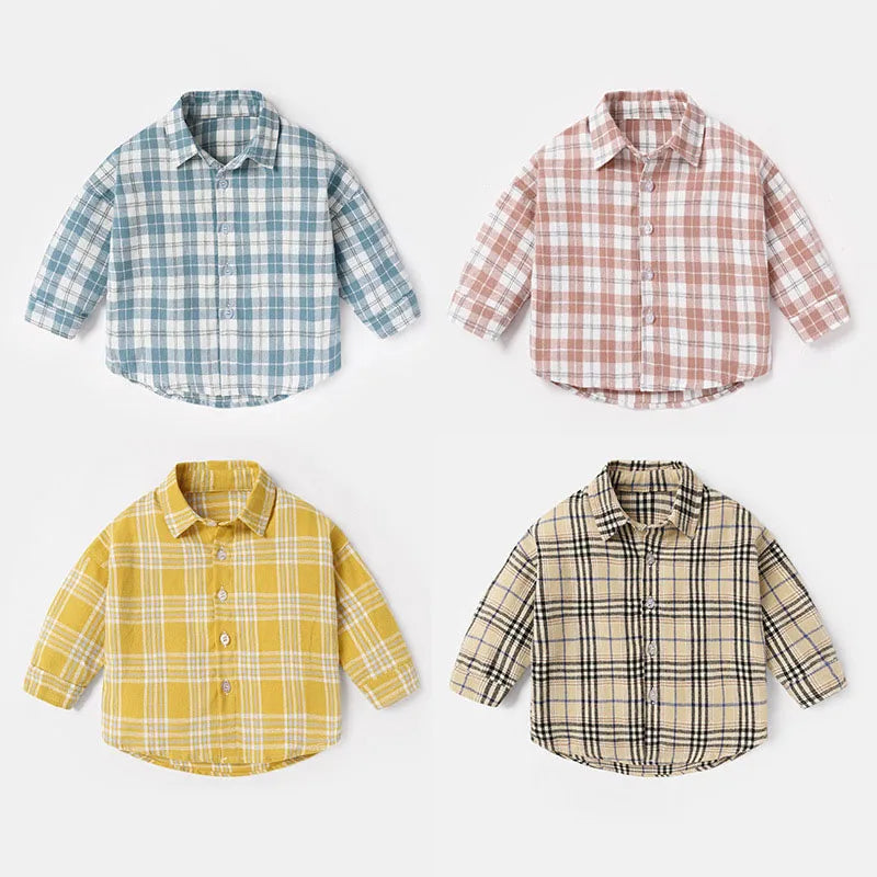 Nieuwe lente kindershirt meisjes jongens dunne stijl kleur blok rooster blouse kinderen baby losse bovenkleding 1-6 jaar unisex