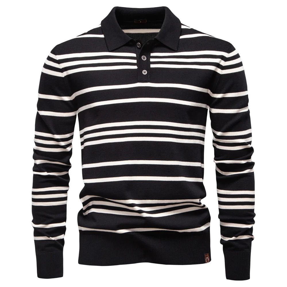 Men's Colour Block Striped Long Sleeve Polo Shirt For Autumn - Designer Business Premium T-shirts