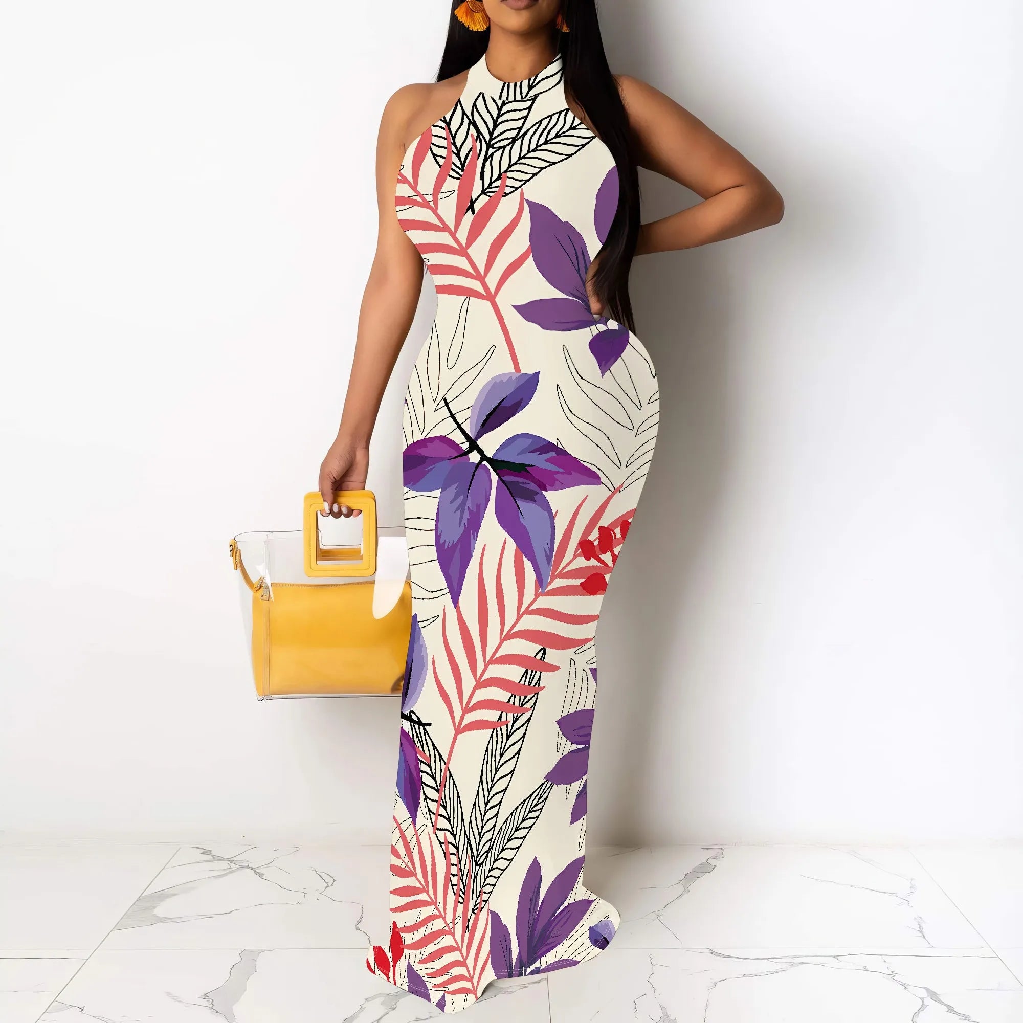 Vintage Leaf Print Halter Neck Maxi Dress for Women Elegant Slim Fit Sleeveless Summer Style