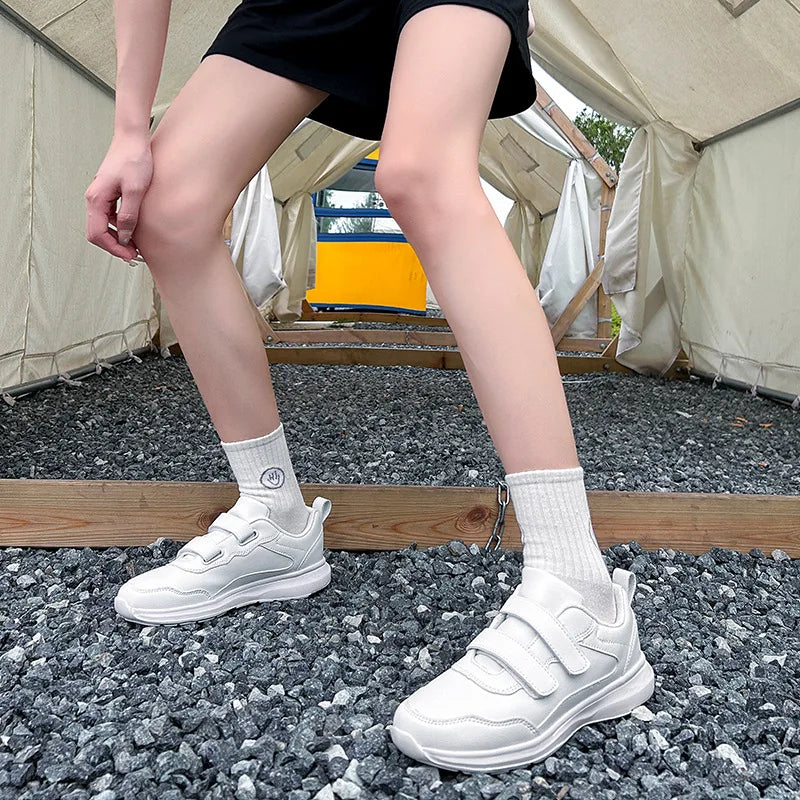 Student Sneakers Unisex White Shoes Magic Buckles Lightweight Couple Shoes for Sports School Dance Running