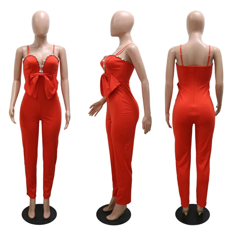 Spaghetti Strap Rhinestone Bowknot Decor Straight Jumpsuit