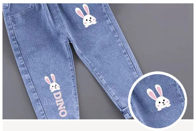 New Spring Kids Jeans Girls Boys Cute Embroidery Cherry Flower Denim Blue Pants Children Outwear Trousers 4-6Y Unisex