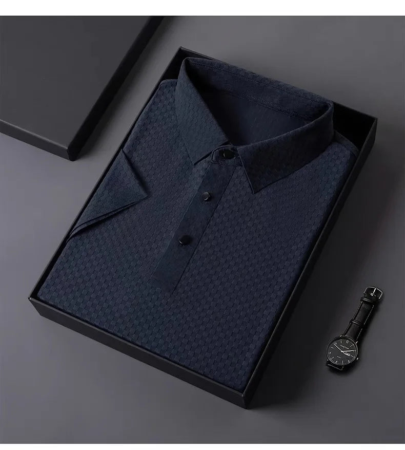 Men's Summer Luxury and Fashionable Casual Waffle Short Sleeve Polo Shirt, Lapel, Ice Silk, and High-End Breathable T-Shirt
