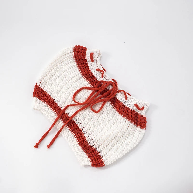 Crochet 2 Piece Set Women Hollow Beach Vacation Shirring Strapless Tops + Contrast Shorts Matching Tight Stretch Suits