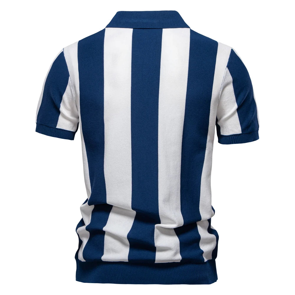 Men's Summer Breathable And Striped Contrast Panel Polo Shirt - Casual Short-Sleeve Knit Shirt With Comfort Fit