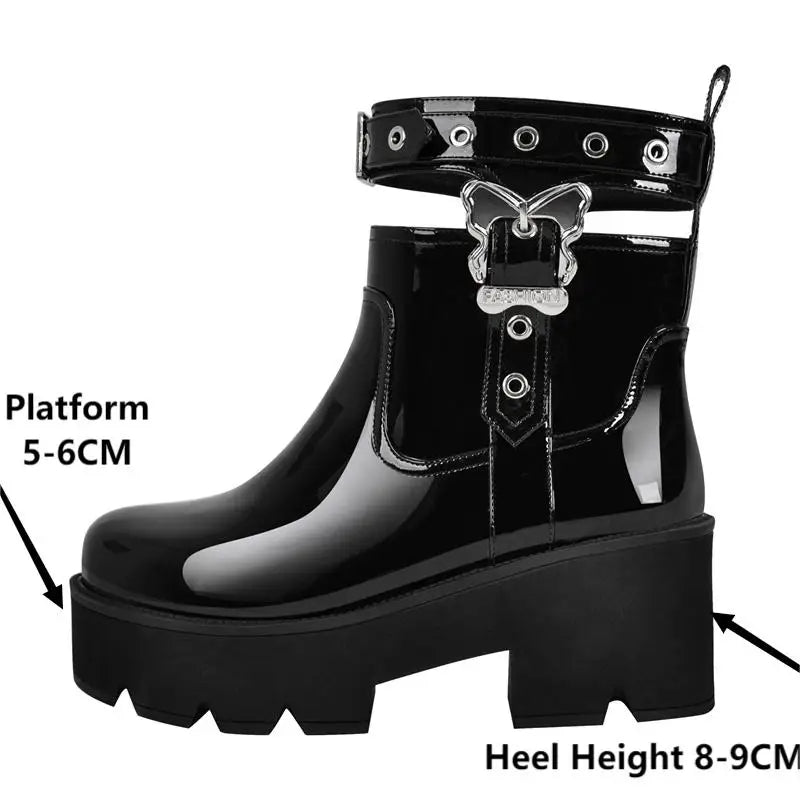 Women Platform Patent Leather Ankle Boots Chunky High Heels Plus Size Black Punk Motorcycle Boots