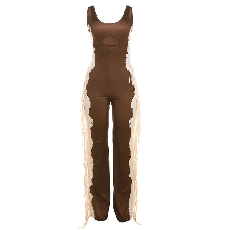Chic Contrast Patchwork Jumpsuit Women Sexy Hollow Sleeveless Tassel New Trend Fashion Stretch Workout Long Overalls