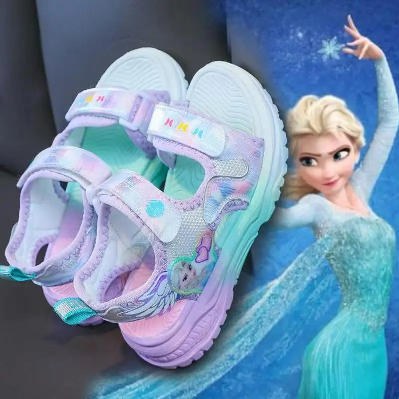 Disney Children Shoes Summer Elsa Girls Mesh Beach Sandals Fashion Frozen Princess Soft Bottom Light Peep Toe Sandals Size 26-36