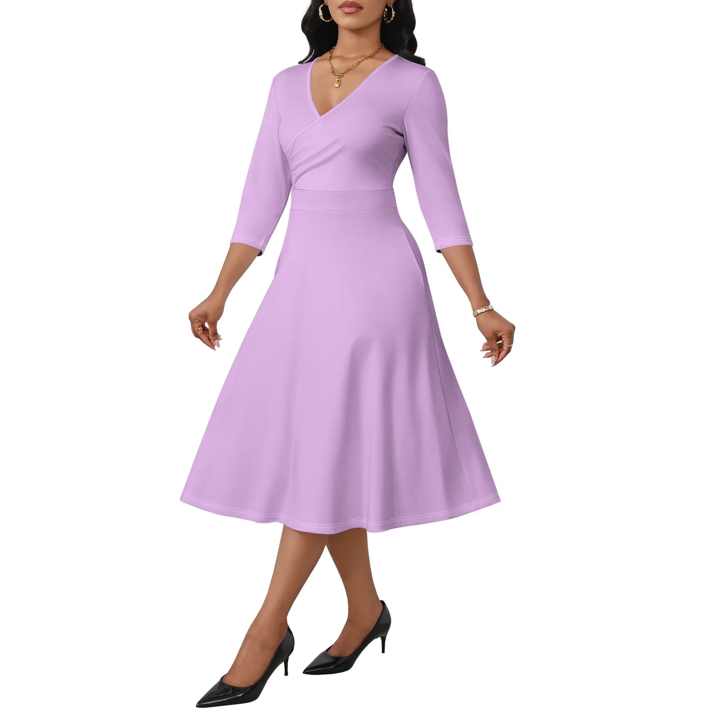 Ladies' casual flared midi dress, wedding guest cocktail tea party dress, A-line swing V-neck, three-quarter sleeves.