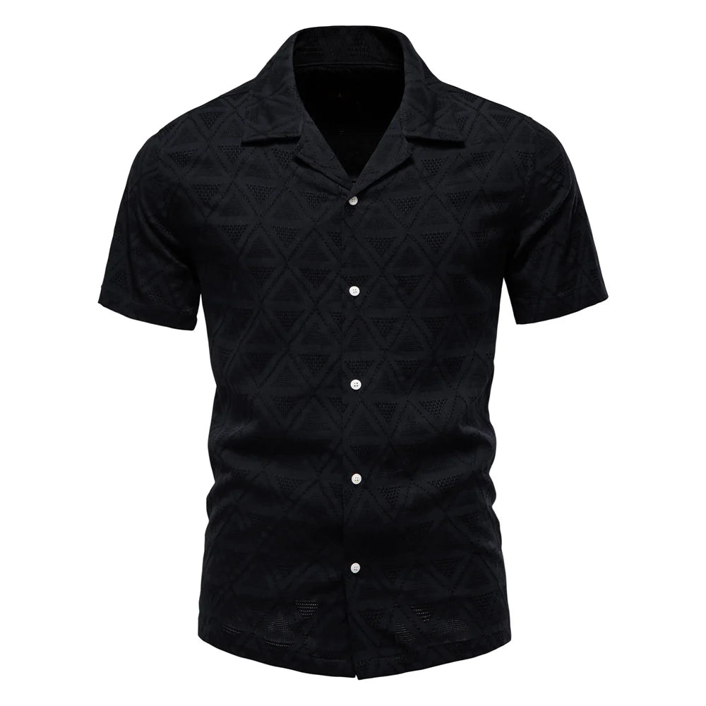 100% Cotton Jacquard Men's Short Sleeve Shirts - Solid Colour Turn-down Collar Casual Summer Shirts for Men