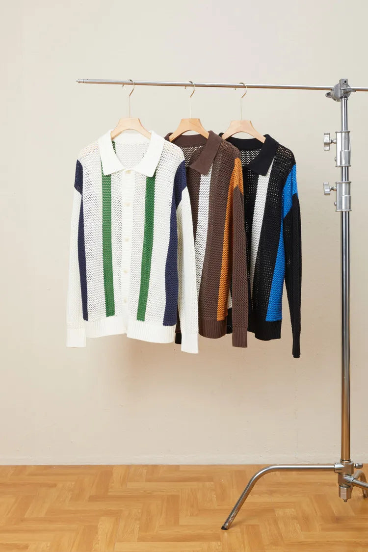 Men's Autumn/Winter Colour-Block Striped Polo Collar Knitted  High Quality Hollow Out Cardigan With 60% Cotton