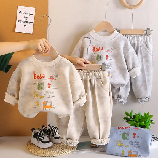 New Autumn Children Sweatshirt Set Sweet Cartoon Boys Hoodie + Sweatpants Kids 2PCS Printing Casual Suit 1-5T Unisex