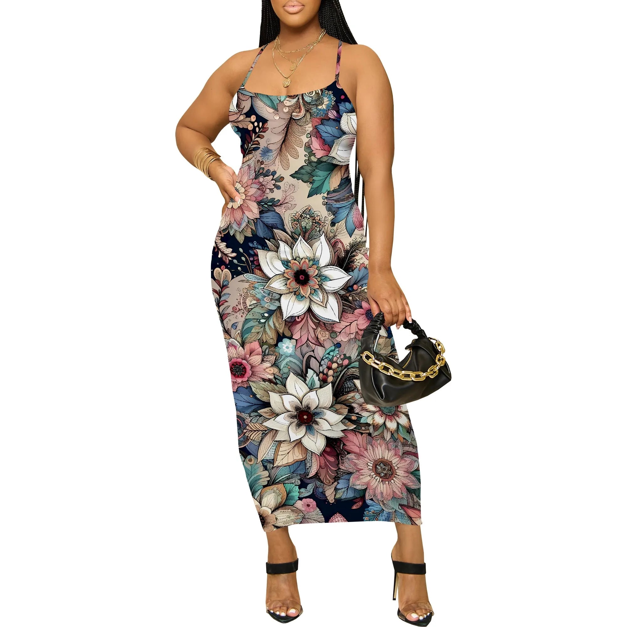 Elegant Spaghetti Strap Maxi Dress for Women Summer Black Floral Print Slim Fit Casual Beach Dress