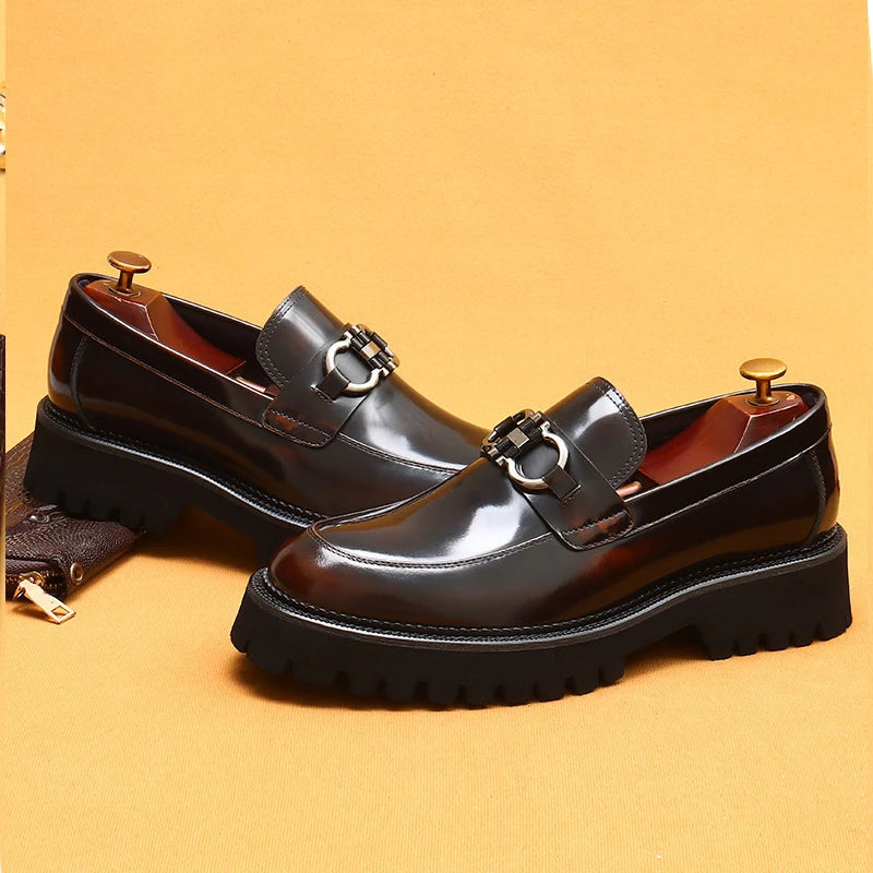 Cow Leather British Loafers Men Glossy Leather Business Casual Heightening Shoes - Non-Slip Tire Soles Dress and Round Toe Shoes