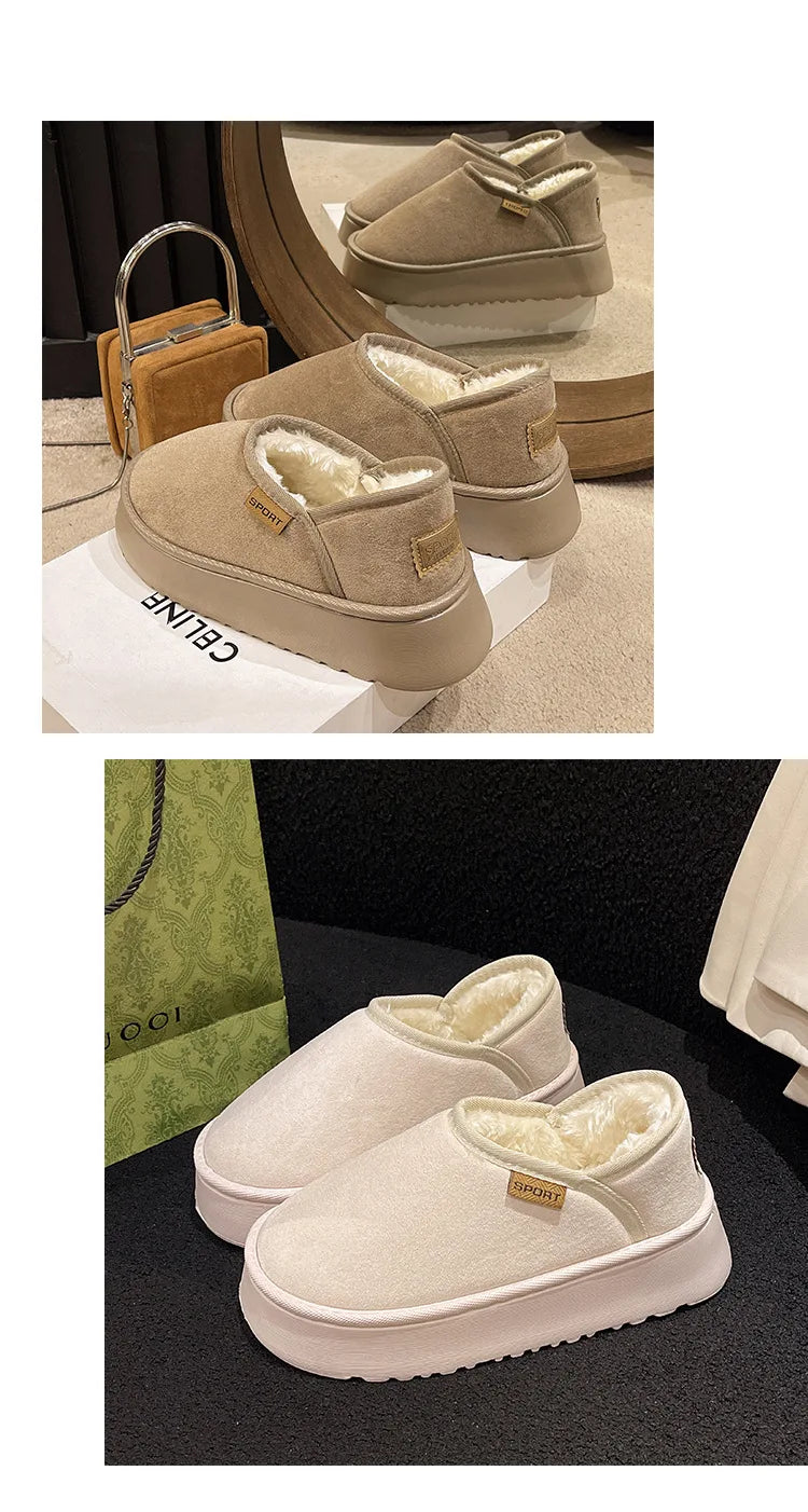 Women's Winter Warm Fuzzy Lining Cotton Shoes Fur Fluffy Slippers For Indoor and Outdoor Use With Anti-Skid Plush Thick Sole Cotton Shoes