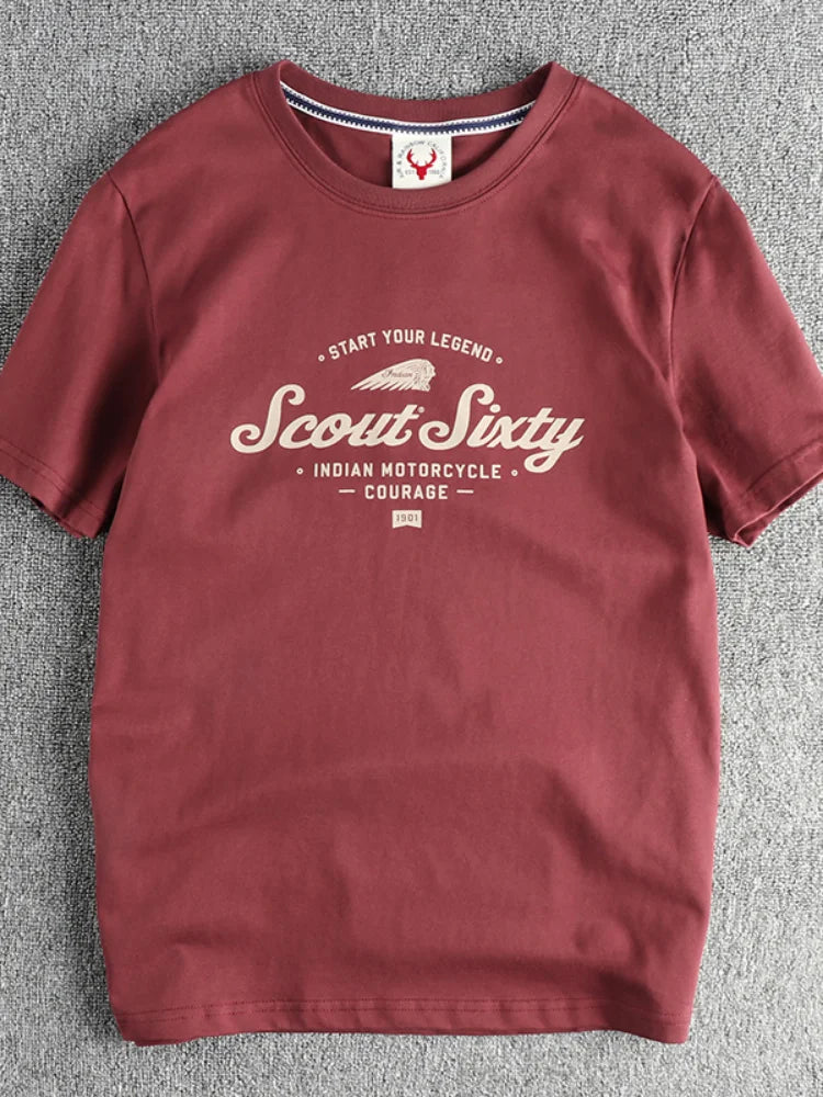 Zomer Nieuw Amerikaans Retro T-shirt met korte mouwen, ronde hals en Indiase letters, eenvoudig, 100% katoen, gewassen, casual, jeugdtops voor heren