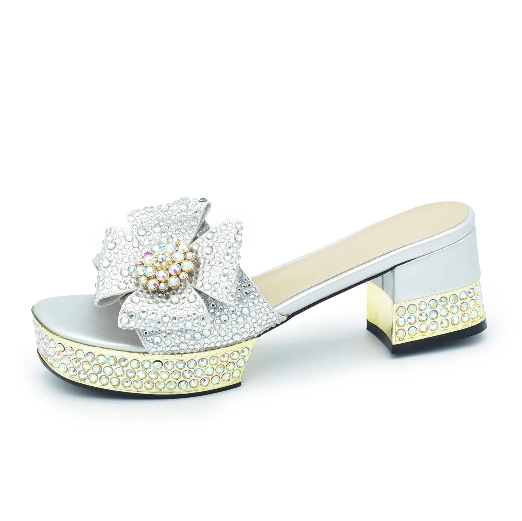 Fashion Crystal Women's Dress Pumps Open Toe Ladies Sandals with Heels African Women Wedding Shoes Decorated with Rhinestone