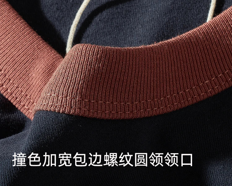 Autumn New American Retro Long Sleeve O-neck Contrast Splicing T-shirt Men's Fashion 100% Cotton Washed Old Casual Sport Tops