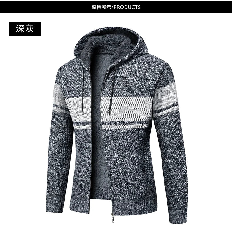 Men's High Quality Thick Plus Velvet New Brand Casual Fashion Hooded Jacket, Zipper Warm Patchwork Windbreaker Male Coats