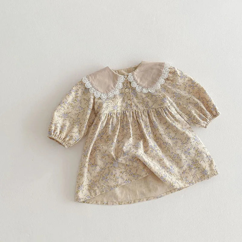New Spring Girls Floral Dress Kids Cute Lace Doll Collar Princess Dress Children Sweet Flower Clothes For Kids 1-3Y Girls