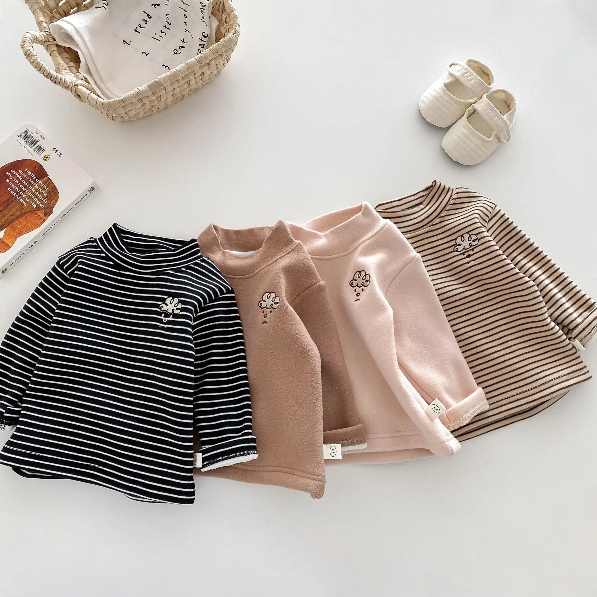 Herfst Kinder Basis Shirt Jongens Halve Turtleneck Warme Onderkant Tops Meisjes Bontvoering Geborduurde Gestreepte Blouse 0-5 Jaar Unisex